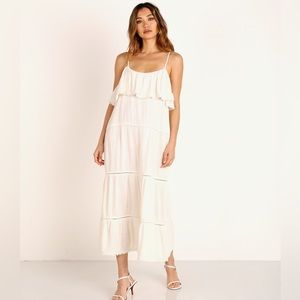 NWOT Show Me Your Mumu Midi Cream Tiered Dress w Pom Pom detail - XS